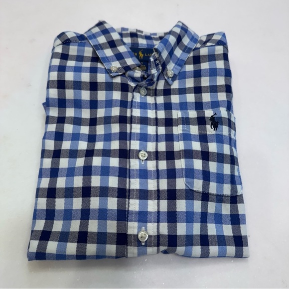 Polo Ralph Lauren Boys Short sleeve Button Down Shirt size 7 Checkered Blue - Picture 9 of 10